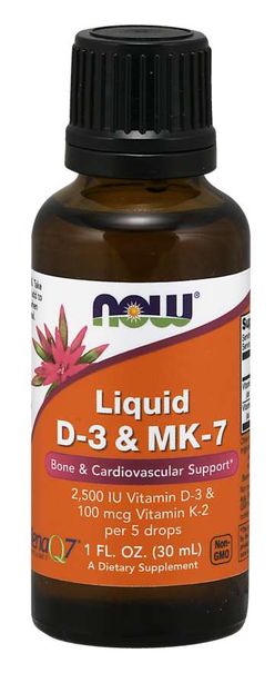 NOW® Foods NOW Tekutý vitamin D3 & vitamin K2 MK-7, 500 IU & 20 ug v 1 kapce, 30 ml
