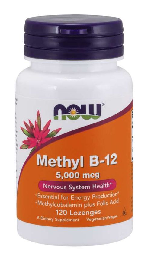NOW® Foods NOW Methyl B12 with Folic Acid (Vitamín B12 + Kyselina Listová v aktivní formách), 5000 mcg, 120 pastilek