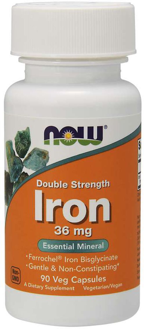 NOW® Foods NOW Iron Bisglycinate Double Strenght, železo chelát (Ferrochel), 36 mg, 90 rostlinných kapslí