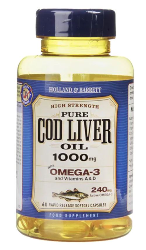 Holland & Barrett Holland&Barrett Cod liver oil (olej z tresčích jater), 1000 mg, 60 kapslí