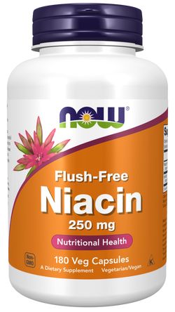 NOW® Foods NOW Niacin, Bez vedlejšího účinku zčervenání, 250 mg, 180 rostlinných kapslí