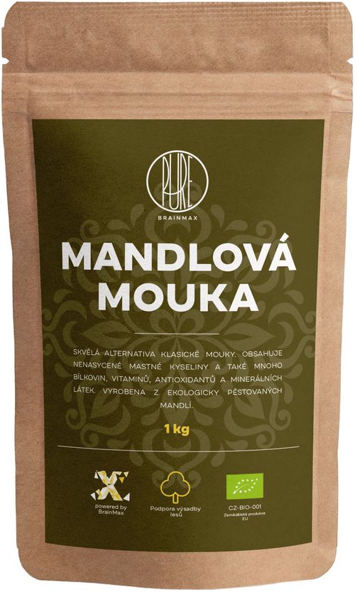 BrainMax Pure Mandlová mouka - blanšírovaná BIO, 1 kg *CZ-BIO-001 certifikát