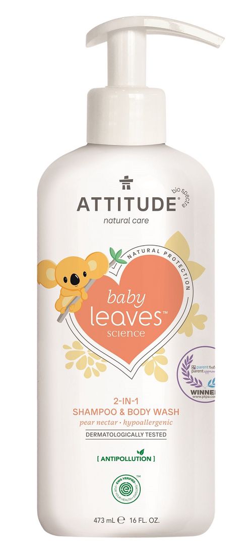 Attitude - detské telové mydlo a šampón 2v1 - Baby Leaves s vôňou hruškovej šťavy, 473 ml