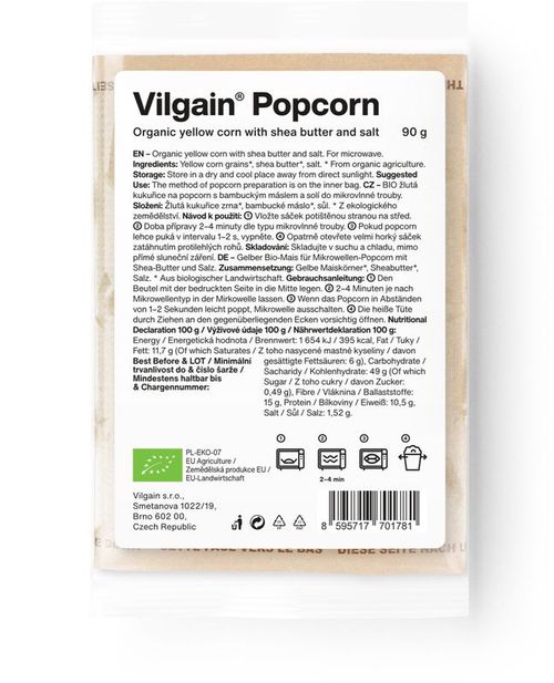 Vilgain Popcorn do mikrovlnky BIO solený zo žltej kukurice 90 g