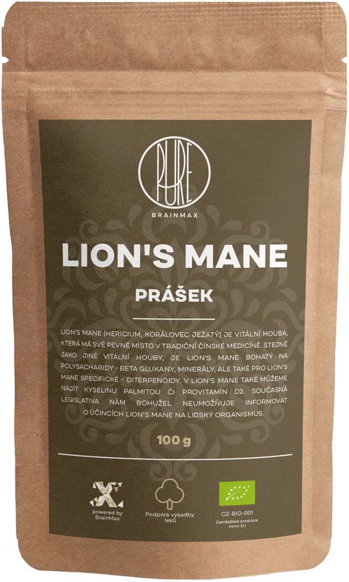 BrainMax Pure Lion's Mane (Hericium) prášok, BIO 100g *CZ-BIO-001 certifikát