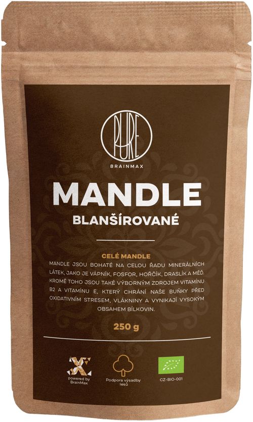 BrainMax Pure Blanšírované mandle BIO, 250 g *CZ-BIO-001 certifikát