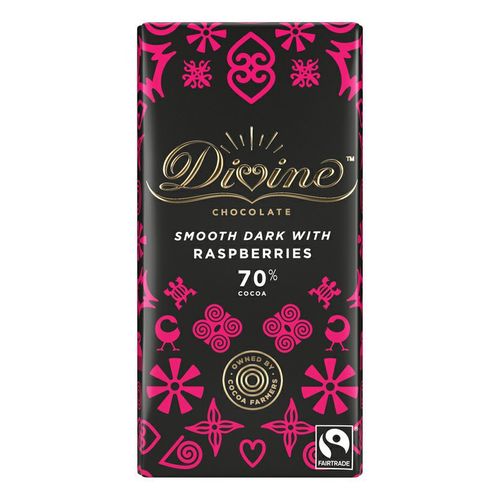 Divine Chocolate horká čokoláda s malinami 70 %, 90 g