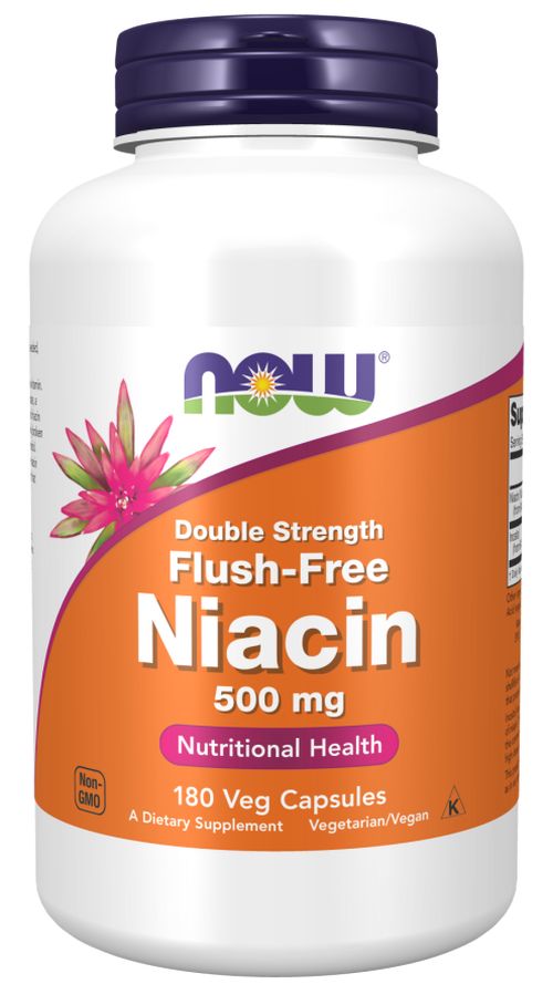 NOW® Foods NOW Niacin, Bez vedlejšího účinku zčervenání, 500 mg (Double Strength), 180 rostlinných kapslí