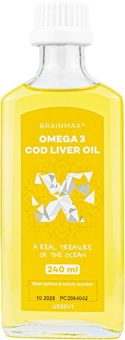 BrainMax Omega 3, Olej z tresčej pečene, citrón, 240 ml