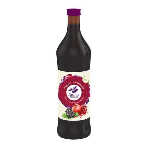 ARONIA ORIGINAL NATURPRODUKTE Arónia (jarabina čierna) + granátové jablko BIO, 100 % čistá šťava, 700 ml