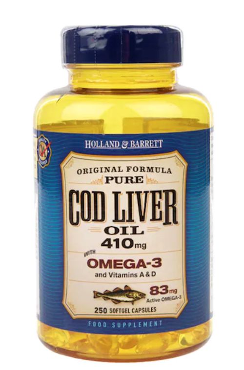Holland & Barrett Cod liver oil (olej z tresčích jater), 410 mg, 250 kapslí