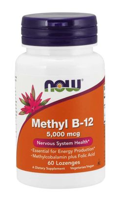 NOW® Foods NOW Methyl B12 with Folic Acid (Vitamín B12 + Kyselina Listová v aktivních formách), 5000 mcg, 60 pastilek