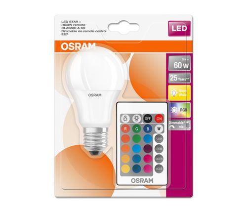 Žárovka OSRAM LED STAR+, závit E27, 9 W, stmívatelná, barevná (806 lm, RGB)