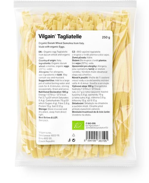 Vilgain Tagliatelle cestoviny BIO vaječné semolínové 250 g