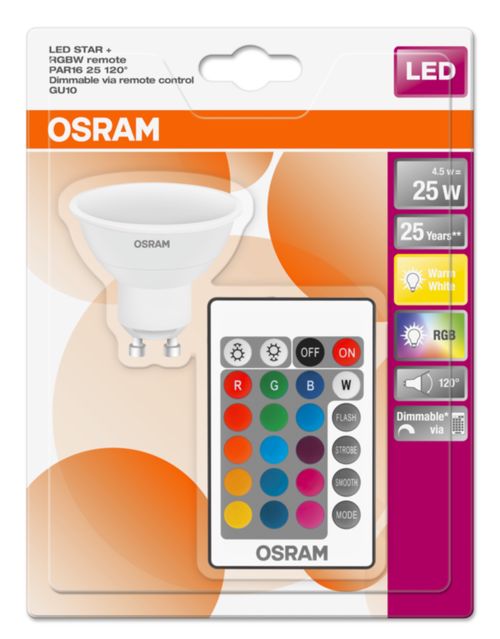 Žárovka OSRAM LED STAR+, patice GU10, 4,5 W, stmívatelná, barevná (250 lm, RGB)