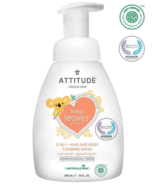 Attitude - detská umývacia pena 2v1 - Baby Leaves s vôňou hruškovej šťavy, 295 ml
