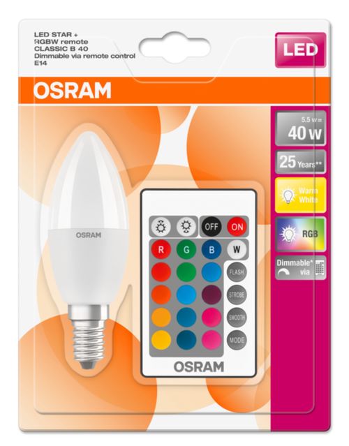 Žárovka OSRAM LED STAR+, závit E14, 5,5 W, stmívatelná, barevná (470 lm, RGB), tvar svíce